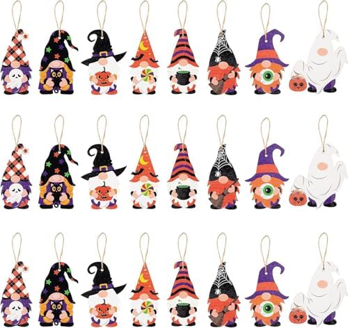 24 pcs Halloween Wooden Gnome Hanging Set with Rope