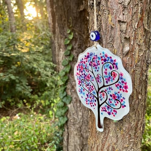 Glass Pink Flowers Tree of Life Hanging Decor with Evil Eye Bead