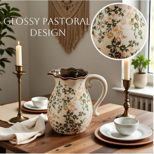 Vintage Vase with Handle - Green and Beige Rustic Ceramic Farmhouse Vase