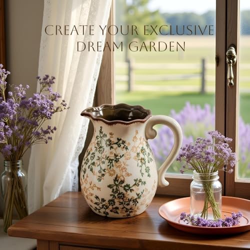 Vintage Vase with Handle - Green and Beige Rustic Ceramic Farmhouse Vase