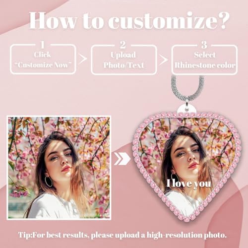 Personalized Photo Car Mirror Ornament - Custom Double-Sided Acrylic Heart Shape with Rhinestone Trim - White