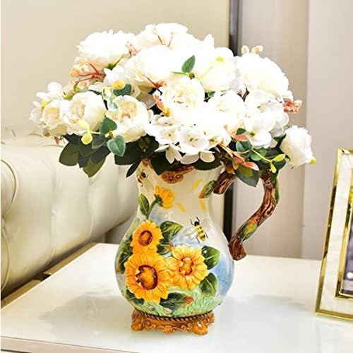 FORLONG Large Ceramic Water Pitcher Flower Vase with Sunflower and Bee Design Yellow 87 Inches Height