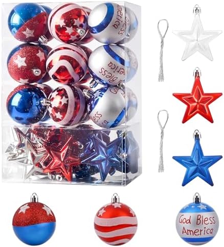 36 PCS 4th of July Tree Decorations with Red White Blue Stars for Home and Party Use
