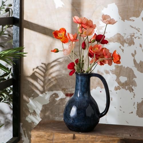 Blue Ceramic Vase with Big Handle Rustic Farmhouse Decor