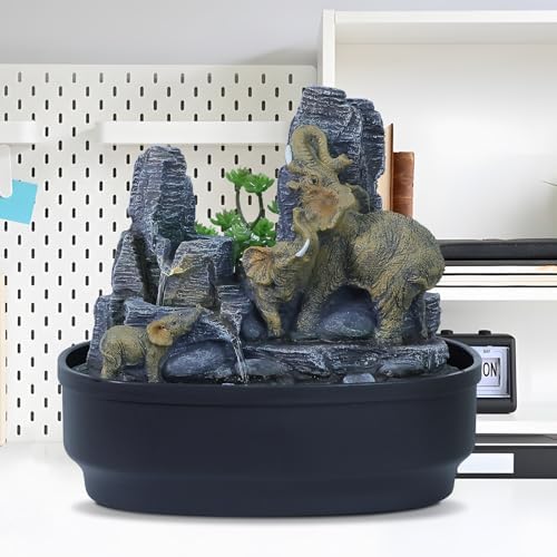 108 Inch H Elephant Tabletop Fountain with LED Lights and Cascading Rocks