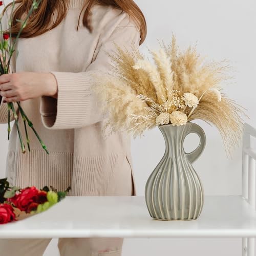 Octdays Grey Ceramic Pitcher Vase for Home Decor