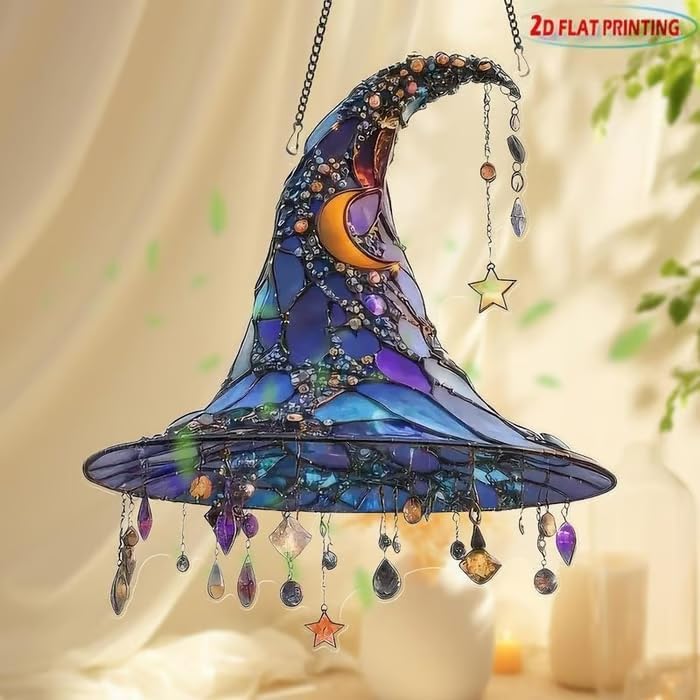 Halloween Witch Hat Hanging Ornament 2D Acrylic Window Decor Dark Purple