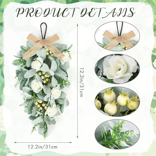 4 Pcs 24 Inch Artificial White Rose Teardrop Wreaths