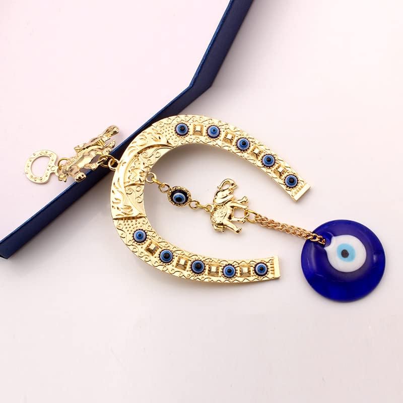 Blue Evil Eye Wall Hanging with Elephant and Horseshoe Gold Amulet for Home Office Car
