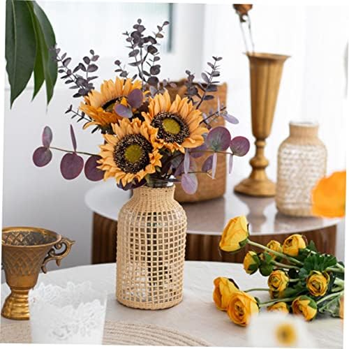 1Pc Decorative Straw Woven Glass Vase for Dried Flowers and Plants Light Brown Desktop Adornment Home Decor