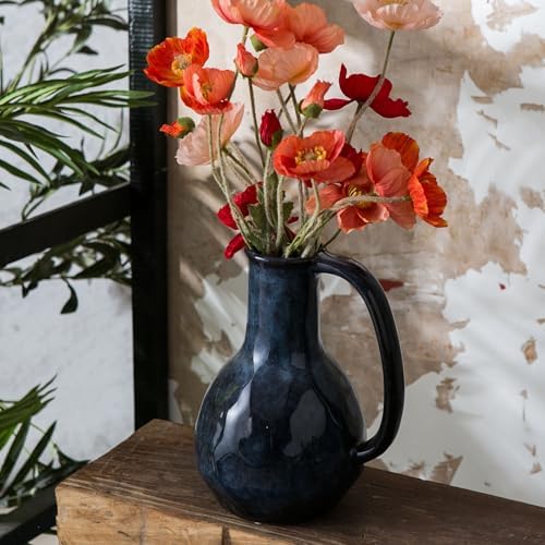 Blue Ceramic Vase with Big Handle Rustic Farmhouse Decor