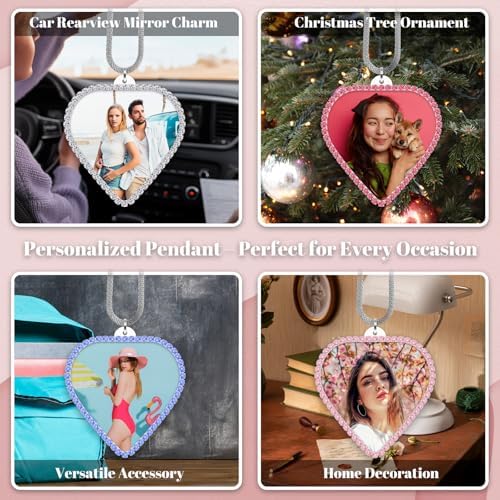 Personalized Photo Car Mirror Ornament - Custom Double-Sided Acrylic Heart Shape with Rhinestone Trim - White