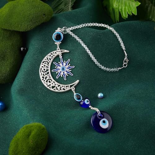 Blue Evil Eye Moon Crystal Hanging Ornament - Protection Amulet for Home Car Window Decor