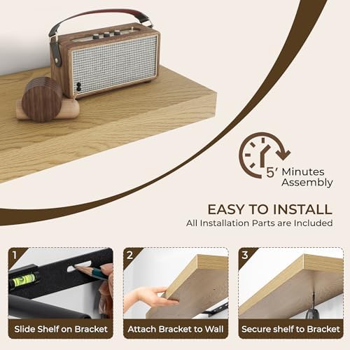 RICHFOCUS 315 Inch Floating Shelves 2 Pack Oak Rustic Wall Mount