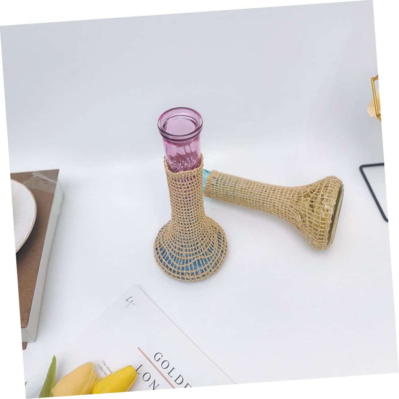 Small Rattan Glass Vases for Farmhouse and Wedding Decor