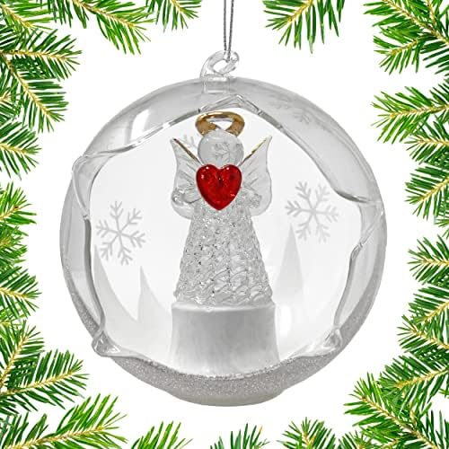 Angel with Red Heart Lighted Christmas Ornament - Color Changing 4 Hour Timer 4 Inch Diameter