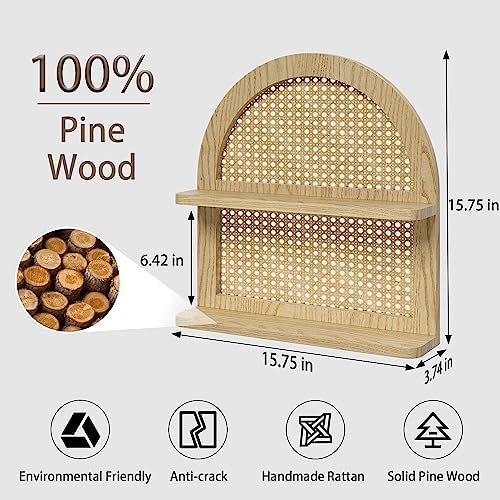 Wood Boho Rattan Wall Shelf 2 Tier Natural Color