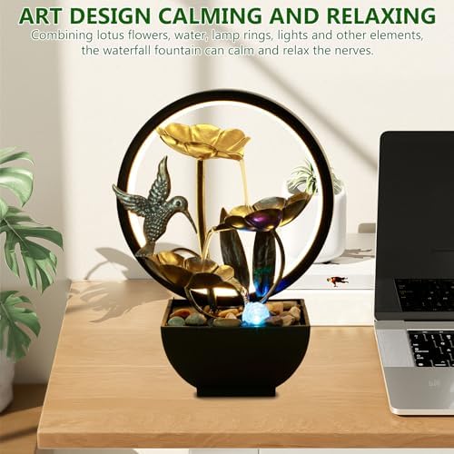 Tabletop Water Fountain with LED Ring Light and Humidifier for Home Office Bedroom