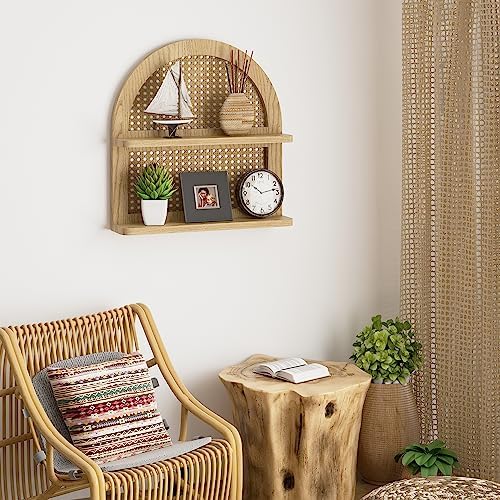 Wood Boho Rattan Wall Shelf 2 Tier Natural Color