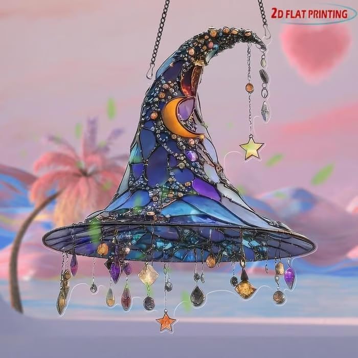 Halloween Witch Hat Hanging Ornament 2D Acrylic Window Decor Dark Purple
