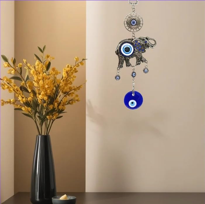 Retro Turkish Blue Evil Eye and Lucky Elephant Wall Hanging Ornament