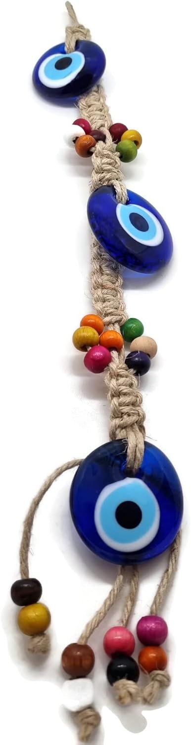 Mystic Jewels Three Turkish Eye Ornament Glass with Wood Beads for Hanging