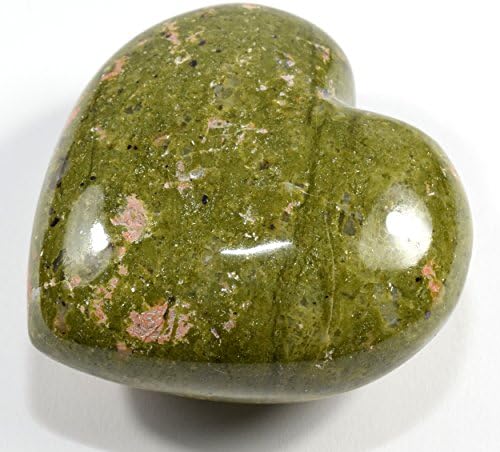 69mm Unakite Puffy Heart with Pink Feldspar Crystal Love Stone - Display Stand Included