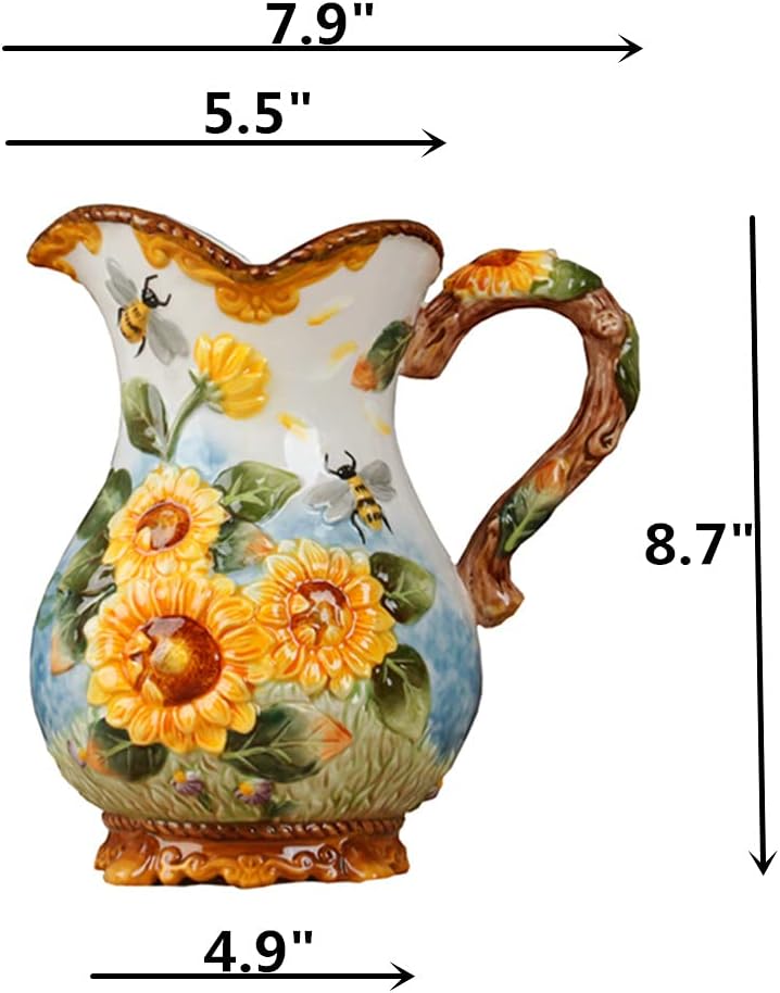 FORLONG Large Ceramic Water Pitcher Flower Vase with Sunflower and Bee Design Yellow 87 Inches Height
