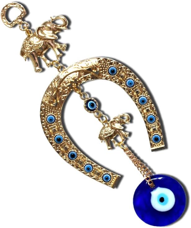 Blue Evil Eye Wall Hanging with Elephant and Horseshoe Gold Amulet for Home Office Car