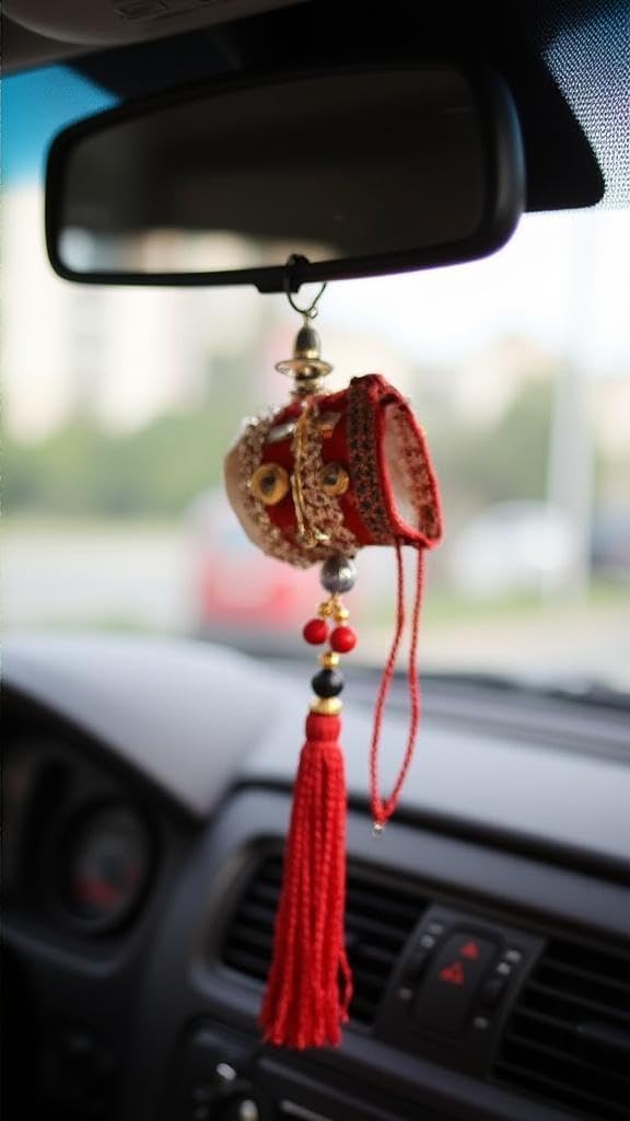 Car Interior Hanging Mirror Decoration Handmade Velvet Damru Accessory Red