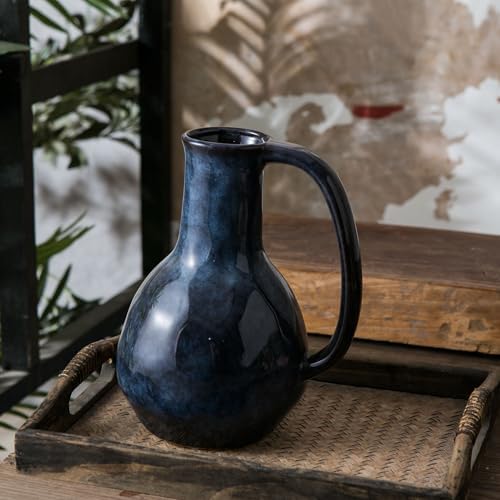 Blue Ceramic Vase with Big Handle Rustic Farmhouse Decor