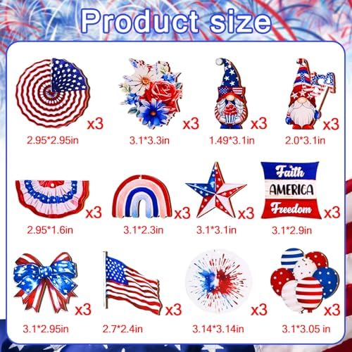 4th of July Patriotic Tree Ornaments 36Pcs Red White Blue Wooden Decorations