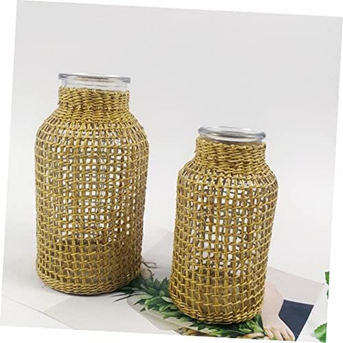 1Pc Decorative Straw Woven Glass Vase for Dried Flowers and Plants Light Brown Desktop Adornment Home Decor
