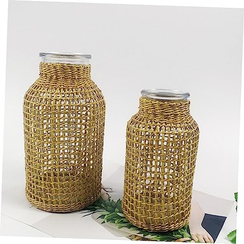 STOBAZA Style Glass Desktop Vase with Light Brown Wicker Design
