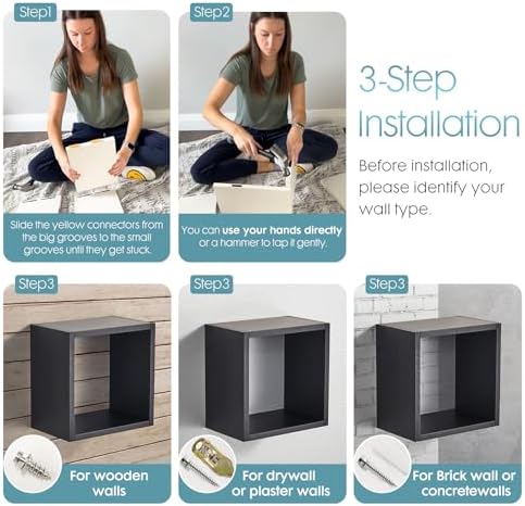 Kaboon Wall Mount Shelf Set of 3 Floating Cube Shelves Large Size Black