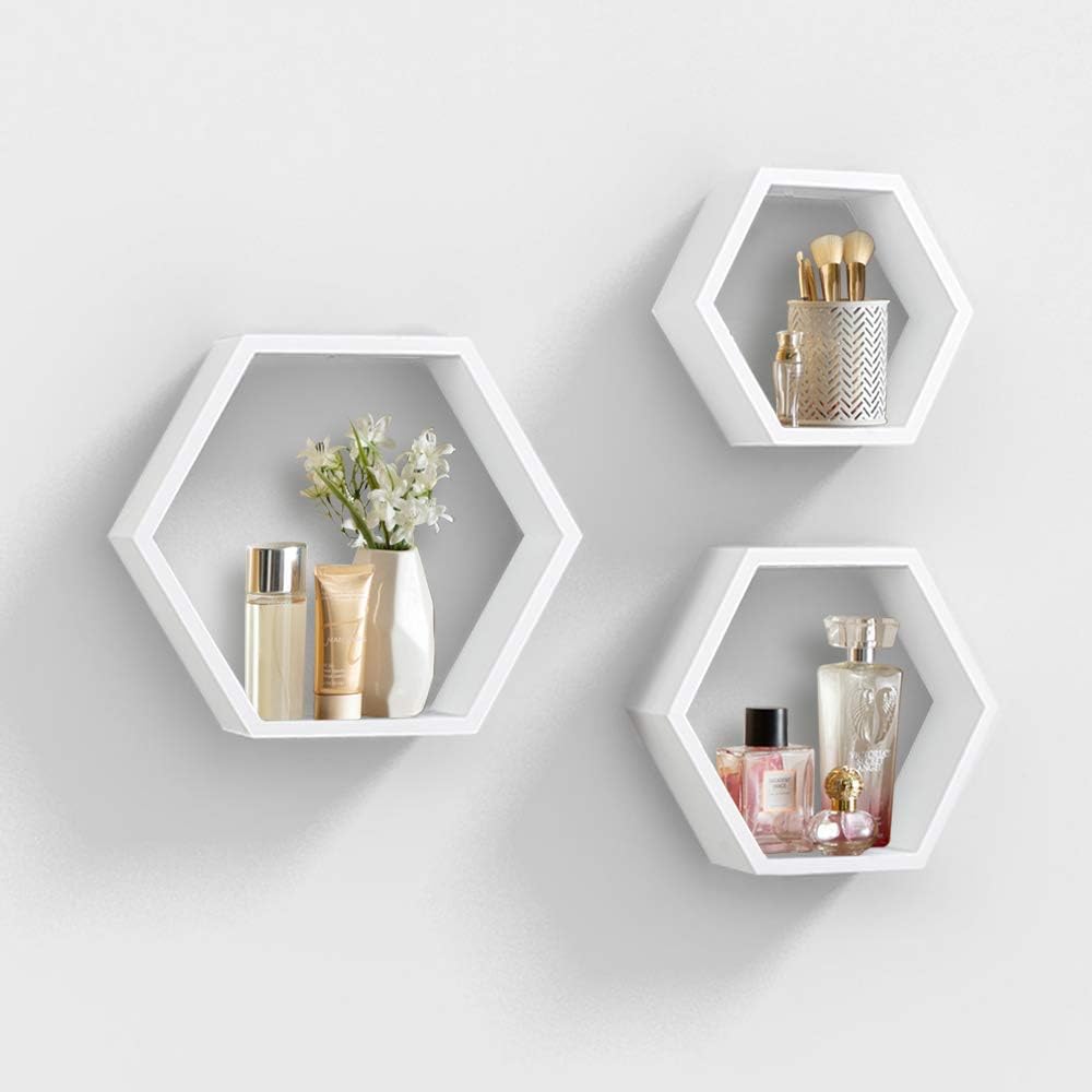 AHDECOR Set of 3 White Hexagon Floating Shelves