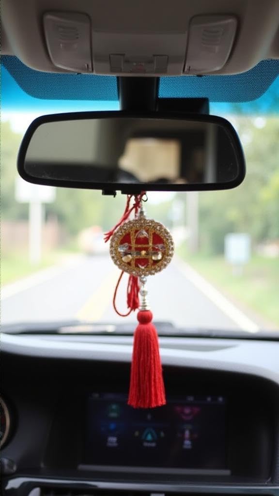 Car Interior Hanging Mirror Decoration Handmade Velvet Damru Accessory Red