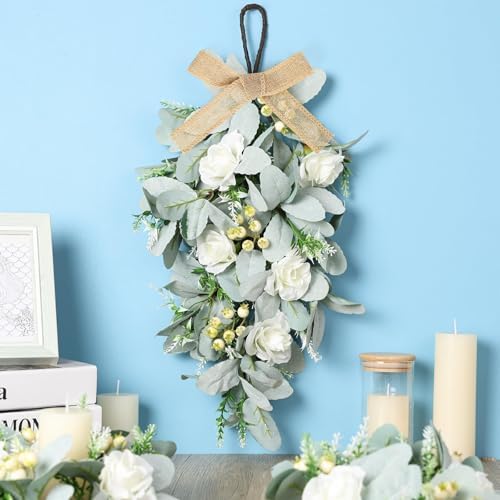 4 Pcs 24 Inch Artificial White Rose Teardrop Wreaths