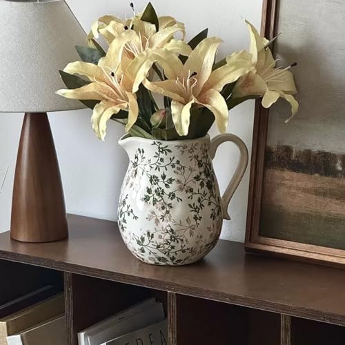 Green and Beige Ceramic Pitcher Vase with Handle