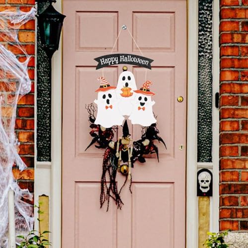 Ghost Halloween Door Sign Cute Happy Halloween Front Door Hanger Wooden Boo Decoration for Wall Porch Wreath