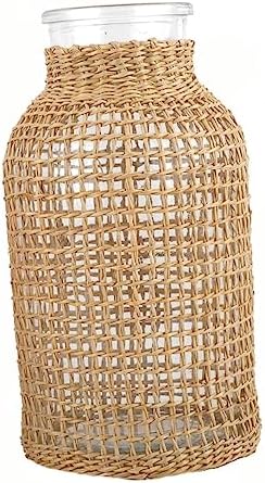 1Pc Decorative Straw Woven Glass Vase for Dried Flowers and Plants Light Brown Desktop Adornment Home Decor