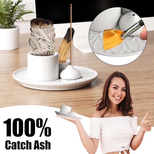 4 in 1 Palo Santo Incense Holder - Ceramic Ash Catcher Tray for Meditation Room - White
