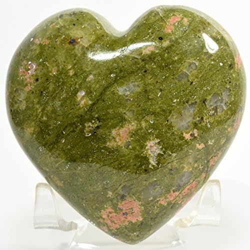 69mm Unakite Puffy Heart with Pink Feldspar Crystal Love Stone - Display Stand Included