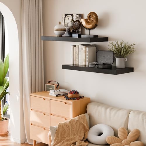 Black 24 Inch Floating Shelves with Invisible Brackets for Wall Decor