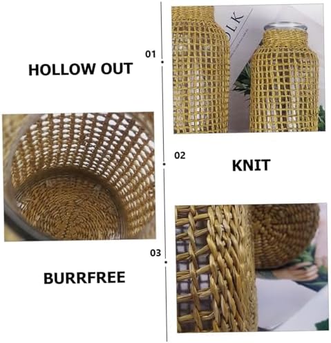 1Pc Decorative Straw Woven Glass Vase for Dried Flowers and Plants Light Brown Desktop Adornment Home Decor