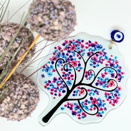 Glass Pink Flowers Tree of Life Hanging Decor with Evil Eye Bead