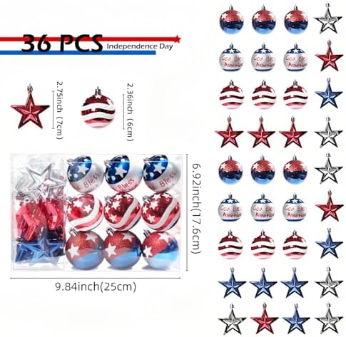 36 PCS 4th of July Tree Decorations with Red White Blue Stars for Home and Party Use