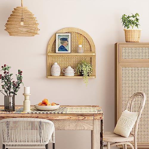 Wood Boho Rattan Wall Shelf 2 Tier Natural Color