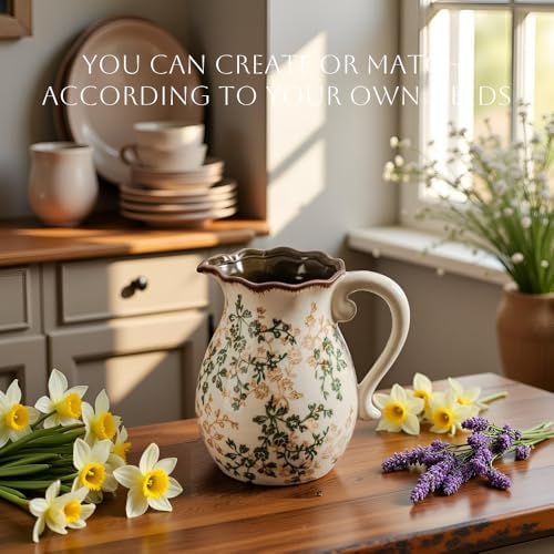 Vintage Vase with Handle - Green and Beige Rustic Ceramic Farmhouse Vase