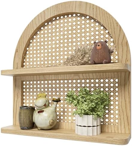 Wood Boho Rattan Wall Shelf 2 Tier Natural Color